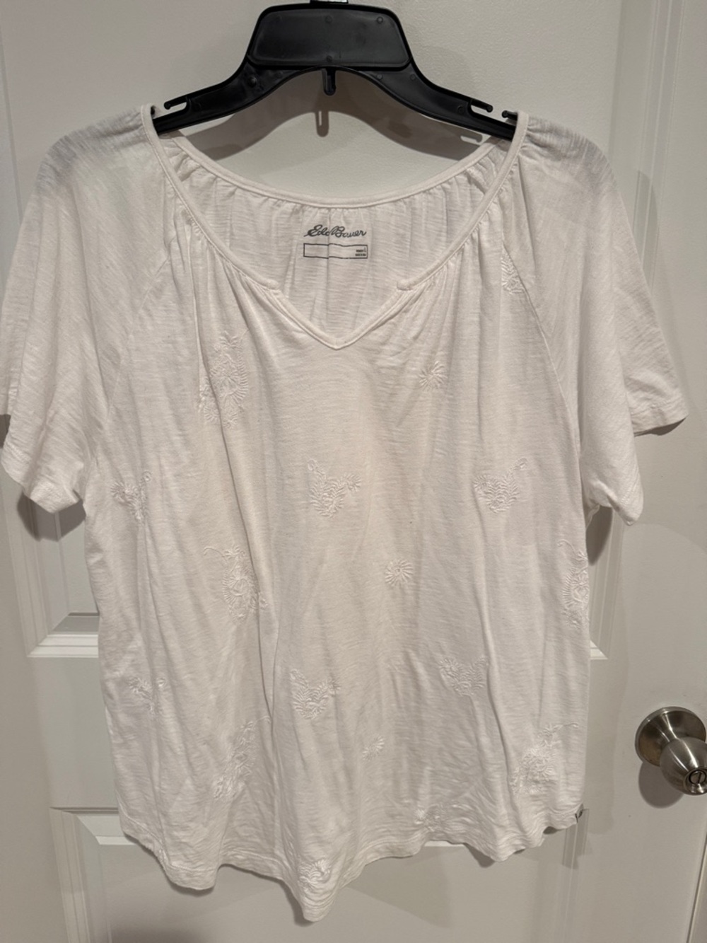 Eddie Bauer White V-Neck Short Sleeve Top with Subtle Embroidery